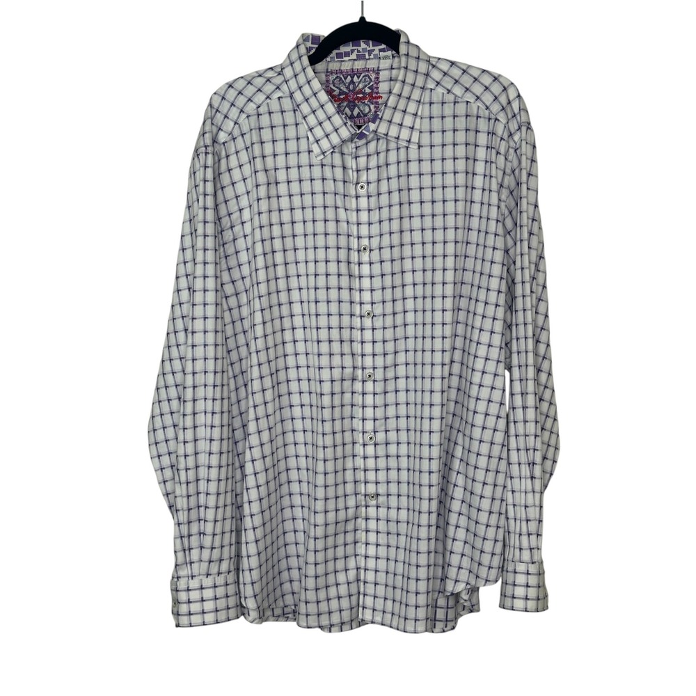 Robert Graham Shirt 3XL White Purple Grid Classic Fit Button Down Long Sleeve
